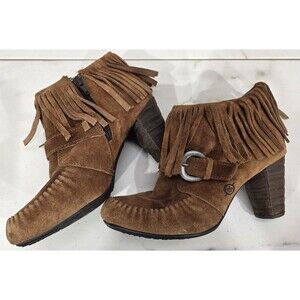 BORN Suede Moccasin Bootie Fringe Stacked Heel Brown Western Boho Women's 6.5
